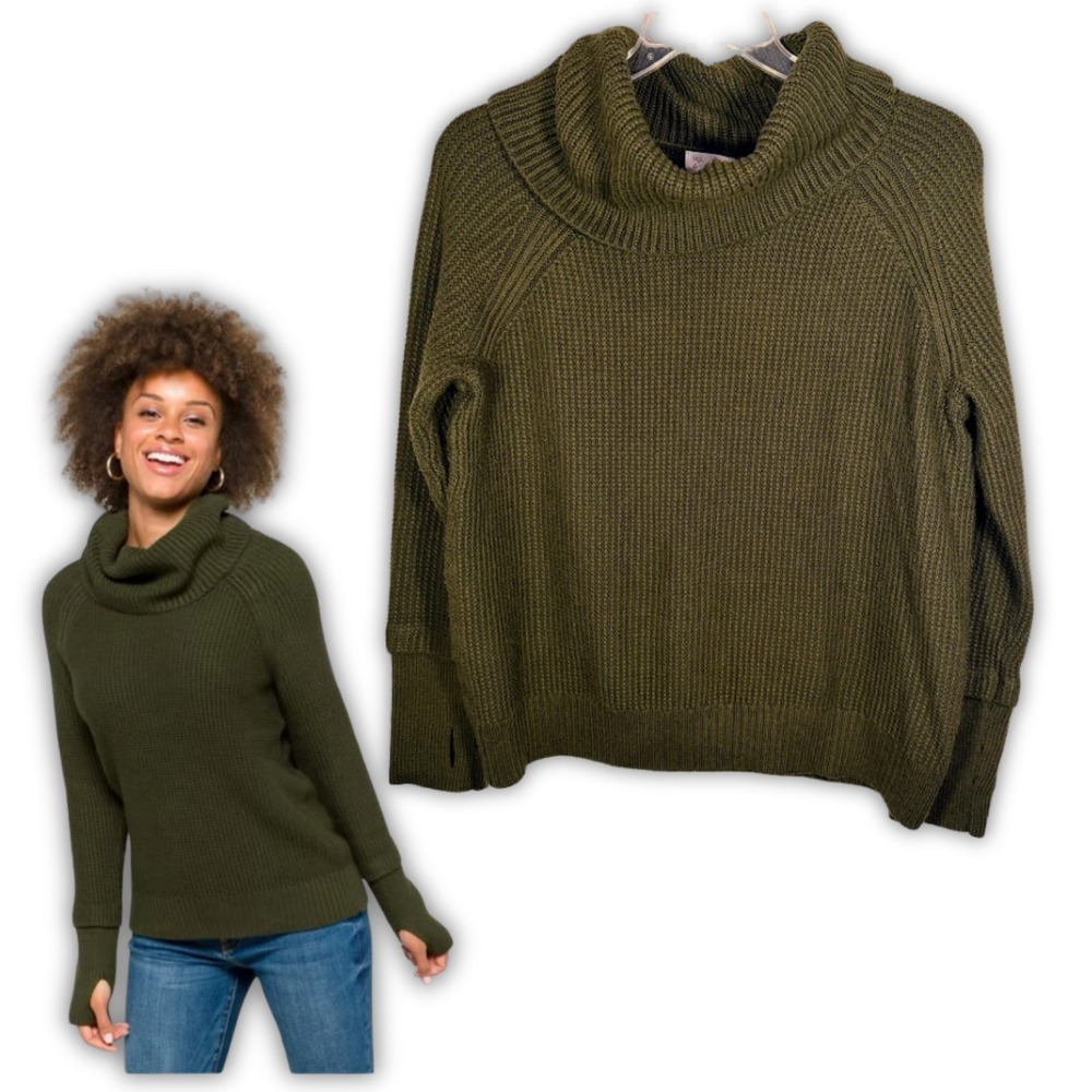 Market & Spruce Olive Green Cowl‎ Neck Waffle Knit Sweater Thumbholes XL Cozy
